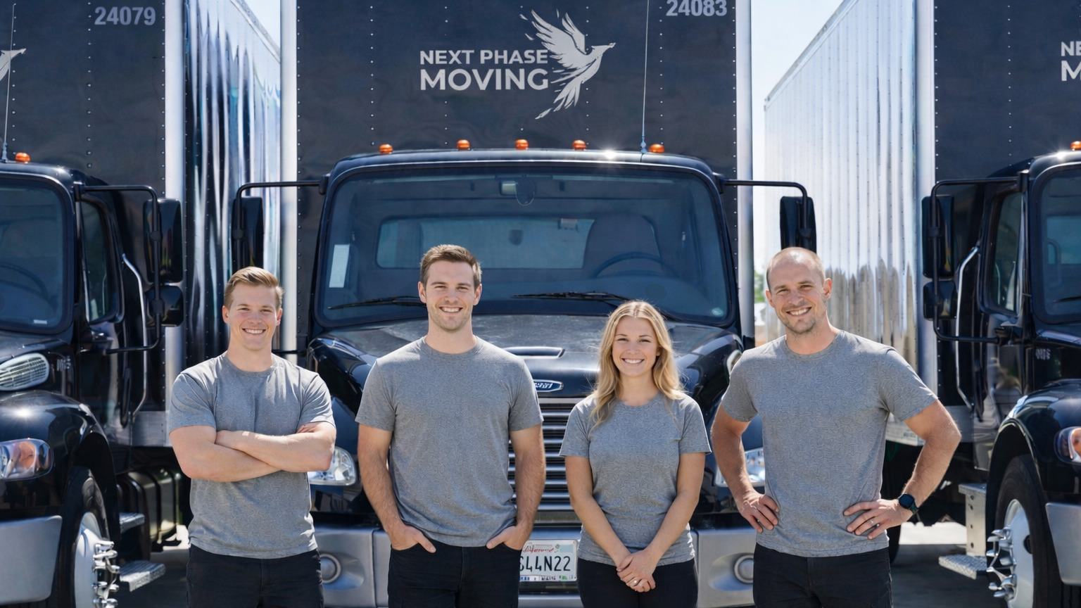 The full Next Phase Moving crew in uniform with company trucks
