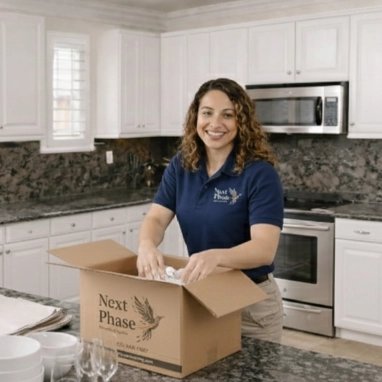Mover taping boxes in client home